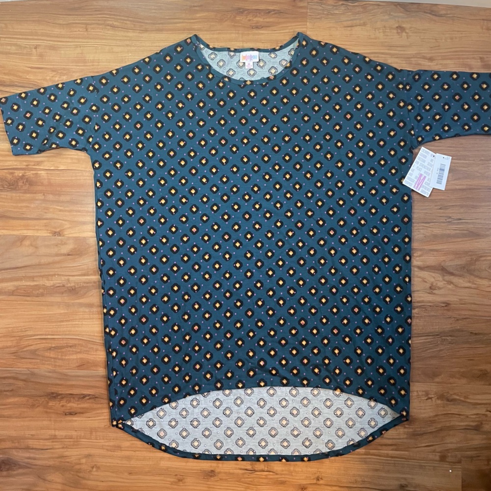 LuLaRoe M Irma Blue and Yellow Boxy Short Sleeve Tunic Top
